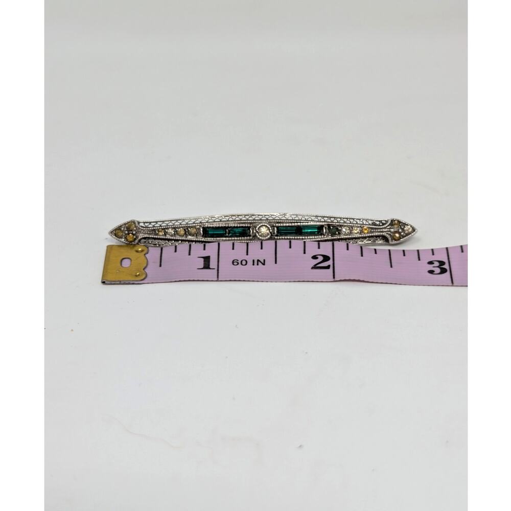Vintage Art Deco Sterling Silver Green Baguette Rhinestone Bar Brooch - Picture 7 of 13